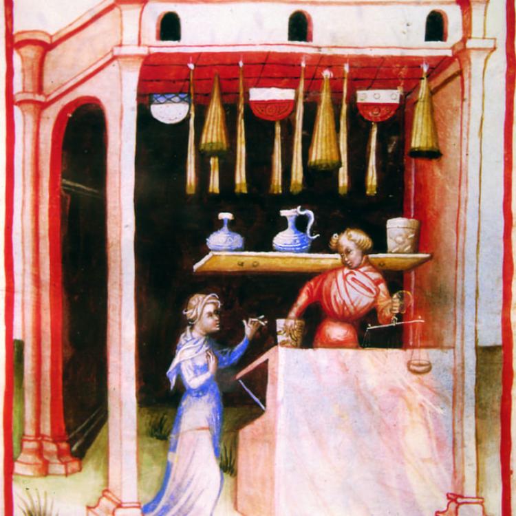 Commerciante intento a pesare lo zucchero nella sua bottega di dolciumi, miniatura del XII secolo. Vienna, Biblioteca Nazionale Austriaca.