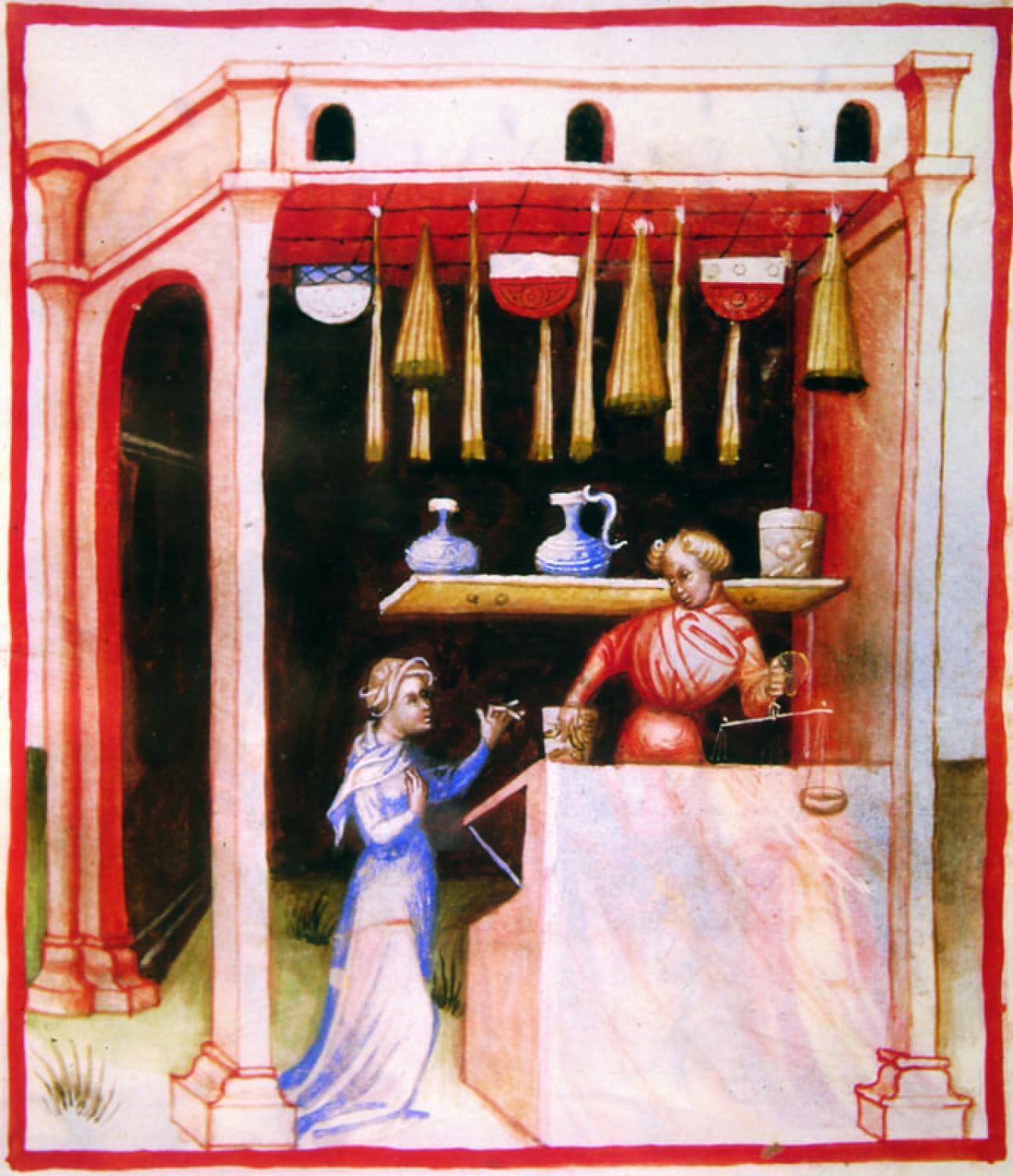 Commerciante intento a pesare lo zucchero nella sua bottega di dolciumi, miniatura del XII secolo. Vienna, Biblioteca Nazionale Austriaca.